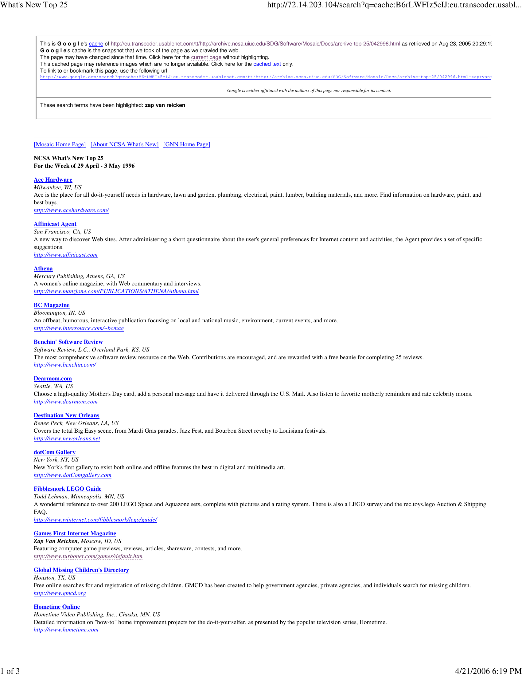 NCSA What's New Top 25 listing from April 29 – May 3, 1996, featuring Games First Internet Magazine