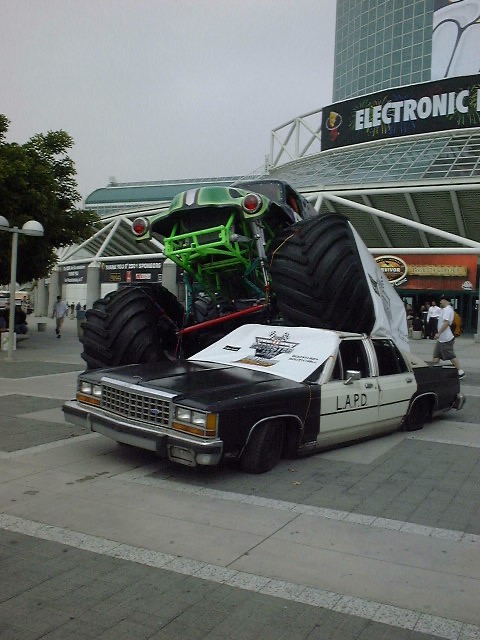 Outside the Los Angeles Convention Center — a monster truck makes for an unusual welcome.