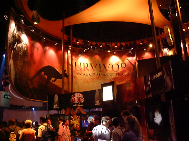 Survivor: The Australian Outback at E3 — the reality TV game tie-in. Tomb Raider lurks in the background.