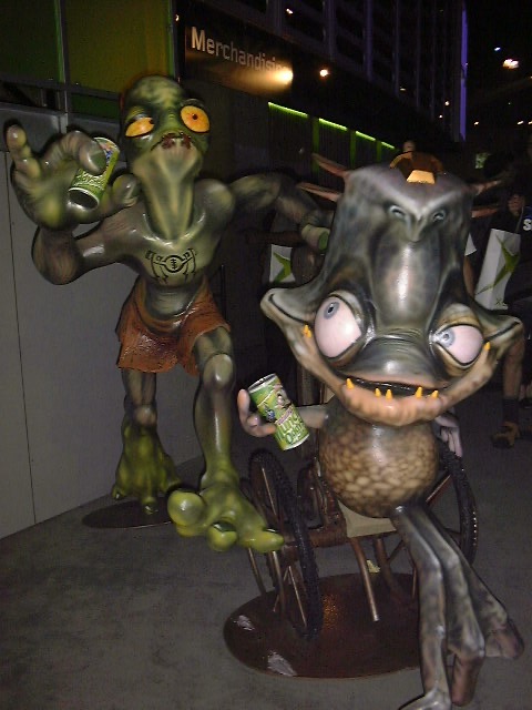 Life-size Oddworld figures — those Mudokons look like they need a soda.
