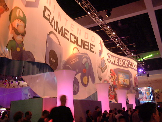 Nintendo's booth with the GameCube and Game Boy Advance front and center — the future of Nintendo gaming.