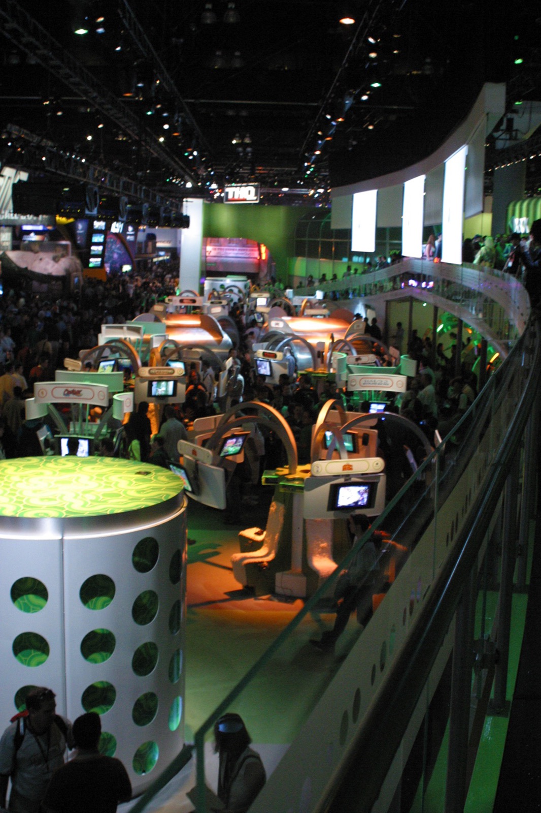 The Xbox 360 booth glowing green — Microsoft's next-gen console was the talk of the show.